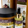 The brown bottled hair care set contains shampoo, conditioner, hair mask and essential oil. It is displayed on a white countertop shelf with a store sign Application Scenario